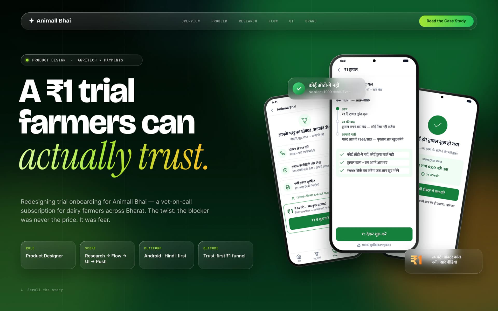 Animall Bhai — ₹1 Trial Conversion — Animall — Vet-on-Call Subscription for Farmers. Mobile UI/UX design by Shubham Saurabh.