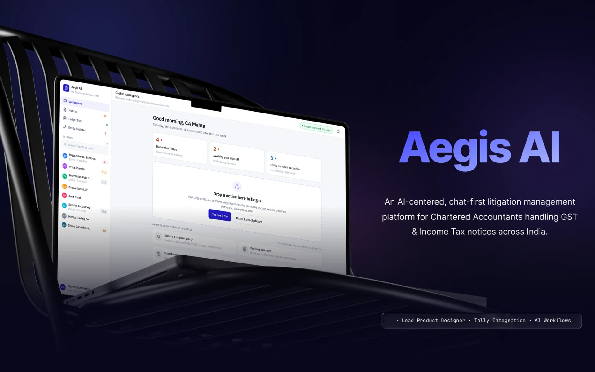 AI-Powered Tax & Compliance SaaS — Aegis AI — Tax Notice Litigation Platform. Web, AI, SaaS UI/UX design by Shubham Saurabh.